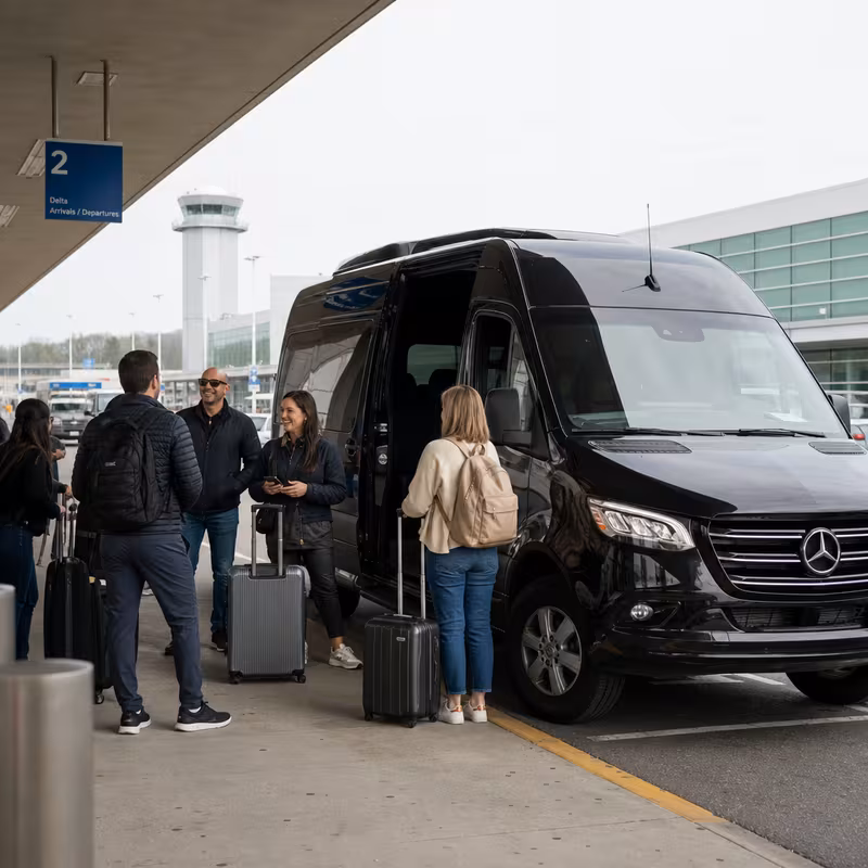 Group boarding a white charter bus for Airport Transportation transportation in Sterling Heights