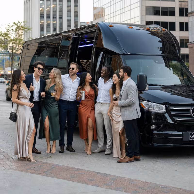 Group boarding a white charter bus for Bachelor & Bachelorette Transportation transportation in Sterling Heights