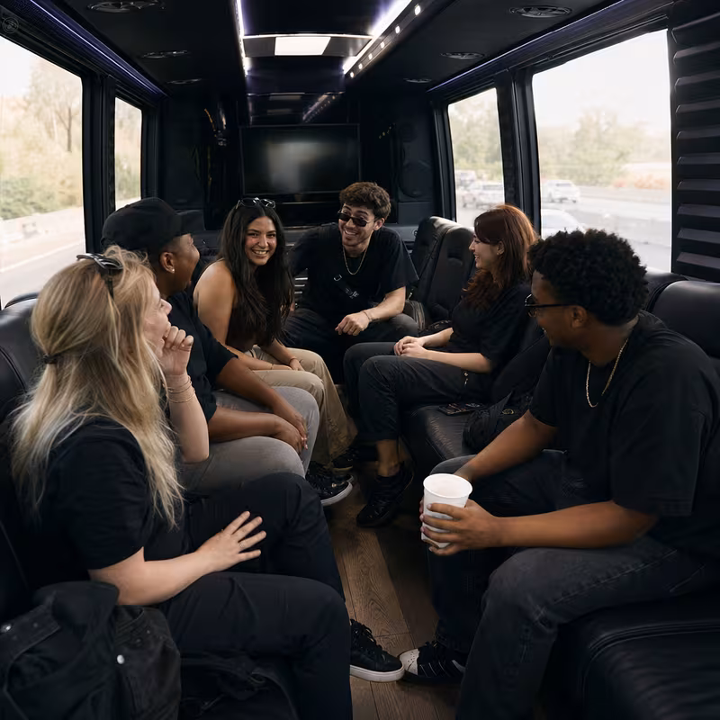Group boarding a white charter bus for Concert Transportation transportation in Sterling Heights