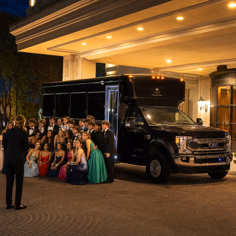 Party bus interior with wraparound leather seating and LED lighting in Sterling Heights