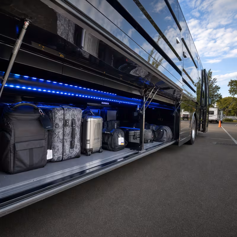 Party bus interior with wraparound leather seating and LED lighting in Sterling Heights